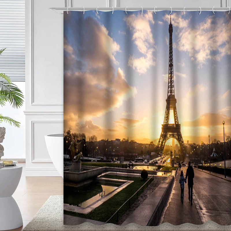 Rideau de douche Eiffel Tower Sunrise Blue Sky Paris avec 12 crochets, L 72 po x l 78 po