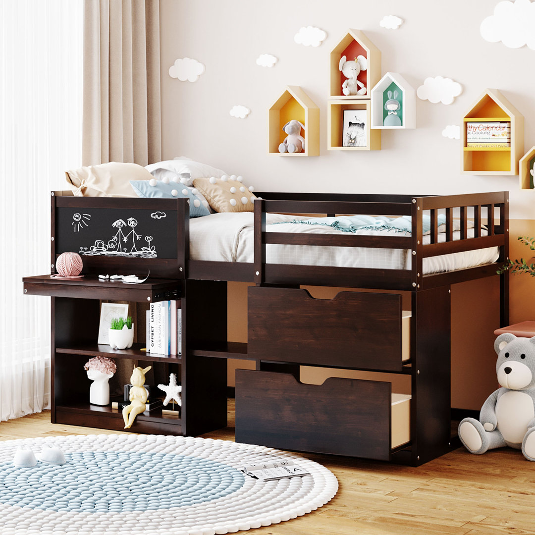 Maja Kids Twin Low Loft Bed with Storage Drawers, Shelves and Blackboard Harriet Bee Bed Frame 