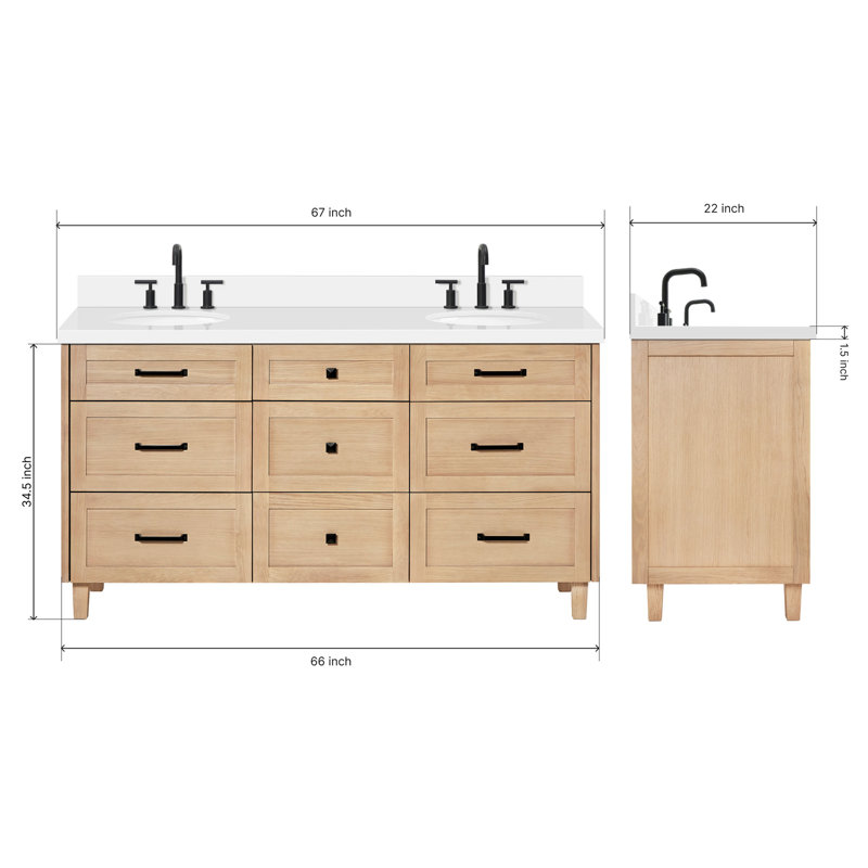 ARIEL Monroe 72 Double Sink Bathroom Vanity with Carrara Quartz Top, Oak, 72" - 73", Pure White Quartz