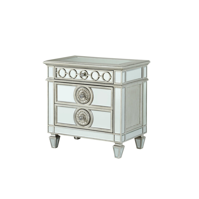 Table de chevet à miroir en couleur argent - garniture géométrique surélevée, glissement lisse