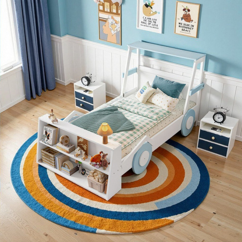 Lit voiture simple avec tablettes de rangement - Lit plateforme pour enfants amusant en bleu et blanc, Bleu et blanc
