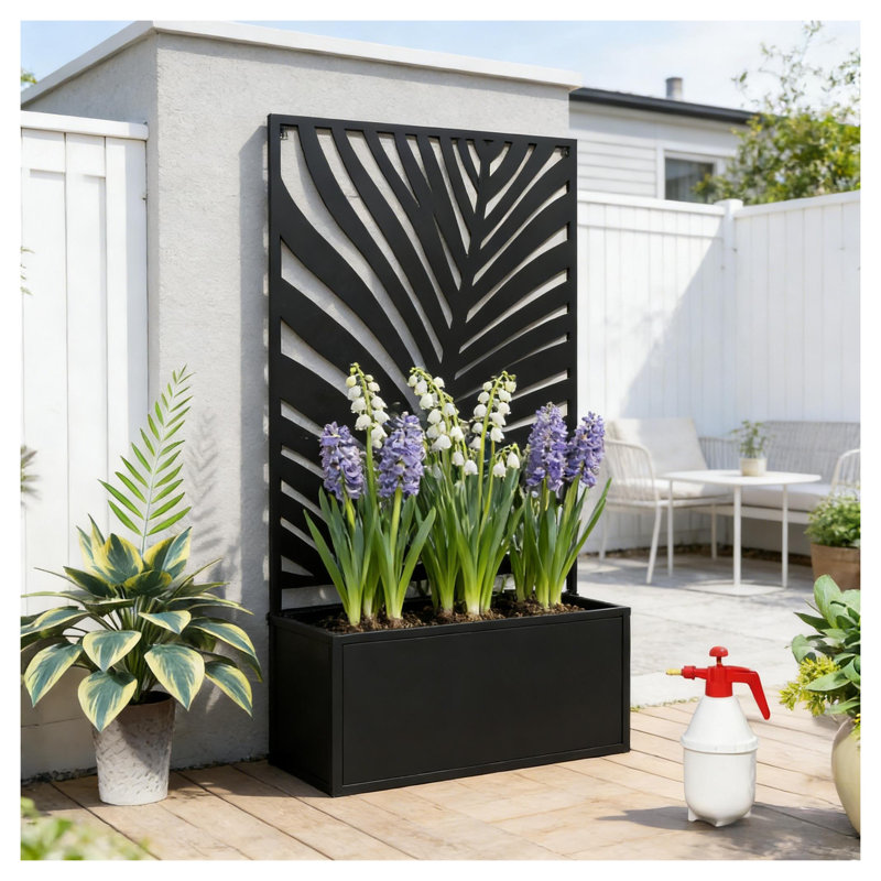 Lit de jardin surélevé autoportant en métal avec panneau d'intimité décoratif à feuilles, noir