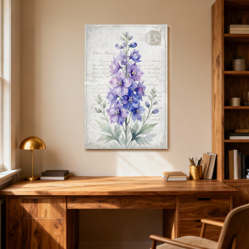Plantes et fleurs Delphinium mauve à motif floral rétro, H 24 po x l 16 po