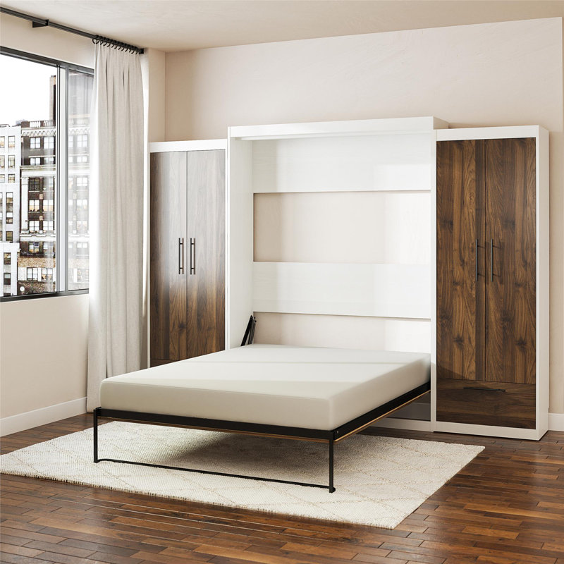 Tapaktuan Murphy Storage Bed with 2 Wardrobe Side Cabinets, Full / Double, Walnut