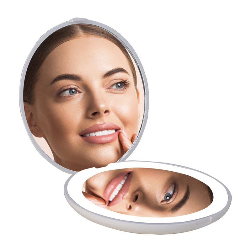 Infinity LED Compact Mirror with Strip Light, Bifold Wireless Compact Mirror with Magnifying Glass, White