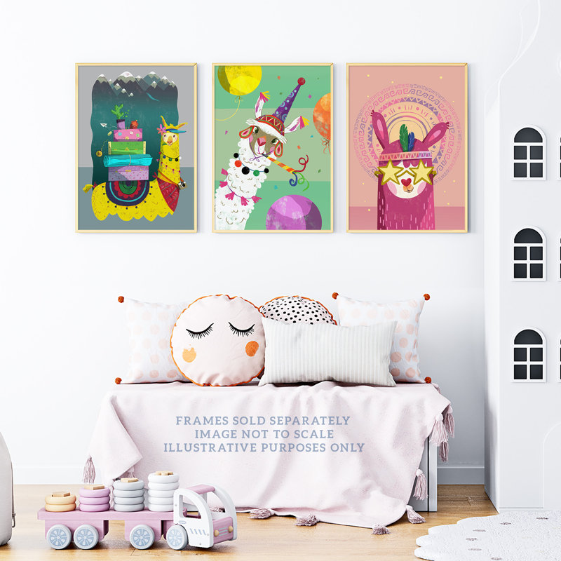 Kids Bedroom Llama Cool White Yellow Pink Camping Party Colourful 3 Piece Wall Art, 29.7cm H x 21cm W x 0.4cm D