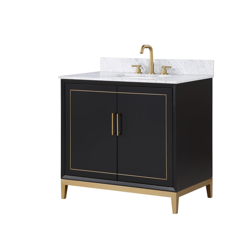 Gracie 36'' W Single Vanity, Calacatta Quartz, Midnight Black, Satin Brass