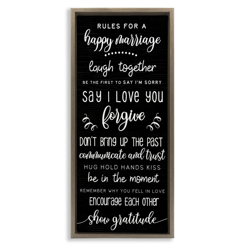 "Rules for Happy mariage", art mural sur toile flottante noire par Daphne Polselli, H 25 po x l 11 po