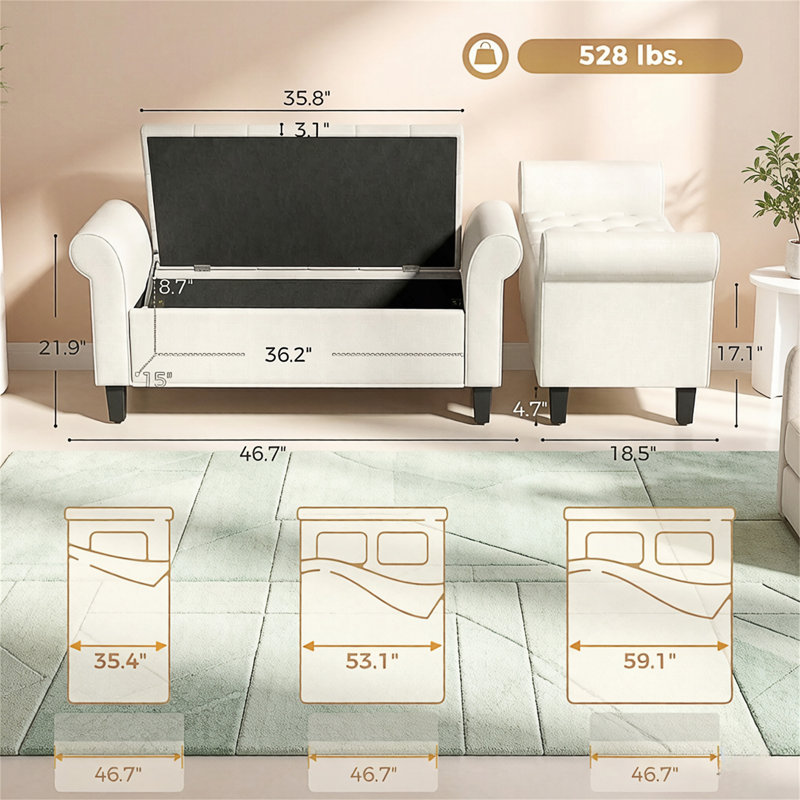 Banc de rangement touffeté de 47 pouces avec charnière de sécurité et pieds en bois massif, Blanc, crème, Blanc, crème