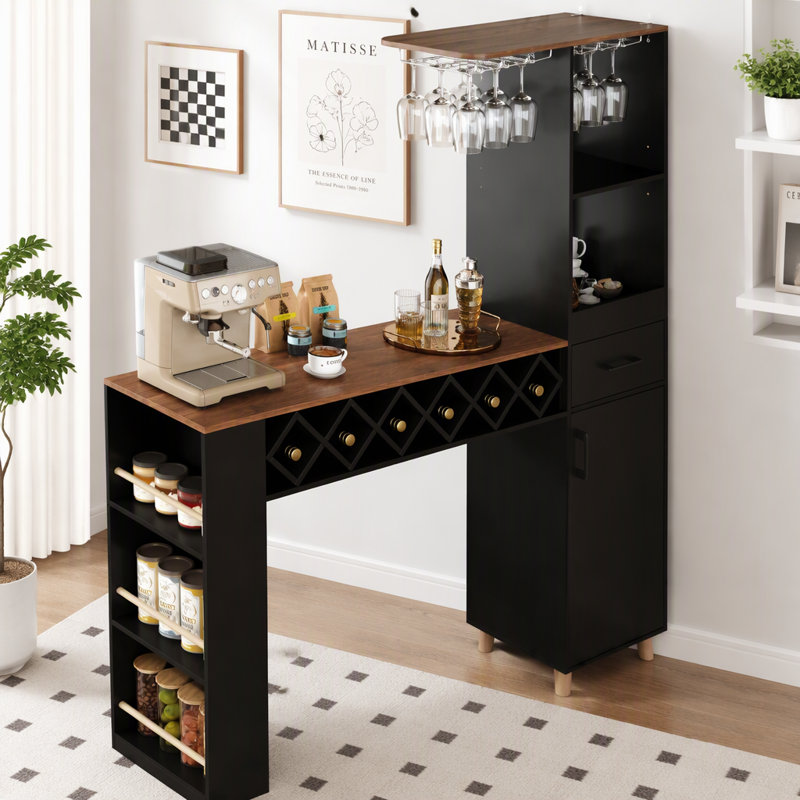 Grande armoire de bar avec table de salle à manger, support à vin et grand rangement, Black