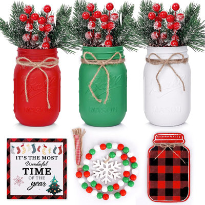 Pièce maîtresse de Noël, bocaux Mason, décorations de table de centre de table, décoration d'arbre de Noël, décor de manteau de maison, centre de table de salle à manger Mason Jar, pièce maîtresse de Noël pour table de salle à manger - 6 pièc