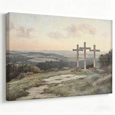 Vintage Countryside Landscape Wall Art, Rustic Hillside Canvas Print with Three Crosses Silhouette, Serene Farmhouse Decor