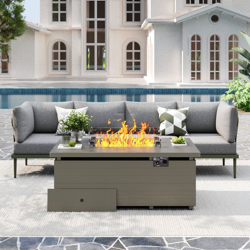 5 Pcs Patio Furniture Set With Fire Pit Table Metal Outdoor Sectional Sofa With 6" Olefin Cushion, Green