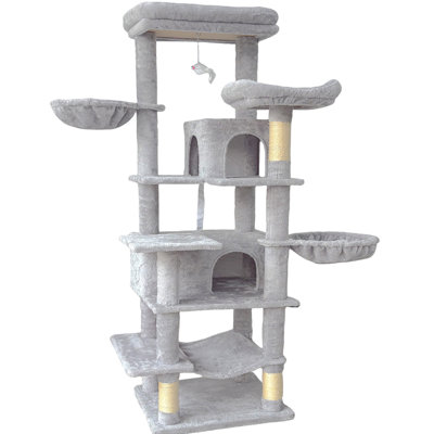Arbre à chat H 68 po Cozy Fun, tour pour chat à niveaux multiples avec poteaux à griffer et grottes, condo pour chat d'intérieur avec hamac pour chatons, gris