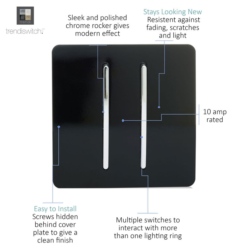 Trendi Switch 2 Gang 1 or 2 way Rocker Light Switch, Gloss Black