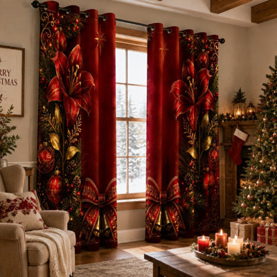2 pièces de rideaux bloquant le soleil et les clochettes de Noël, style festif, scène de fête, élégante décoration thermique isolée pour la fenêtre du salon