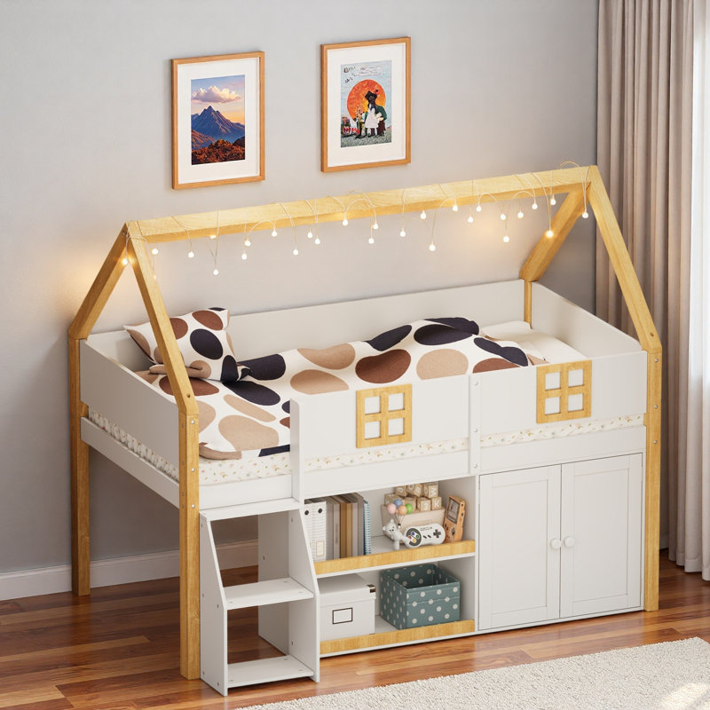 Lit mezzanine bas avec tablettes, armoires et lumières à DEL, Lit simple