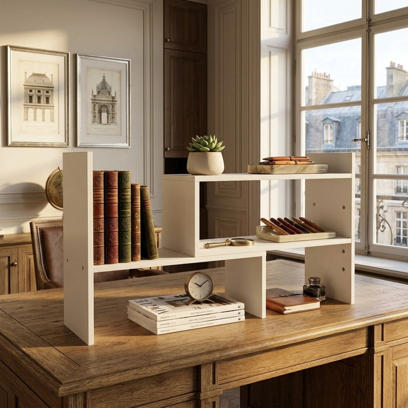 Expandable White Wood Desktop Bookshelf & Organizer