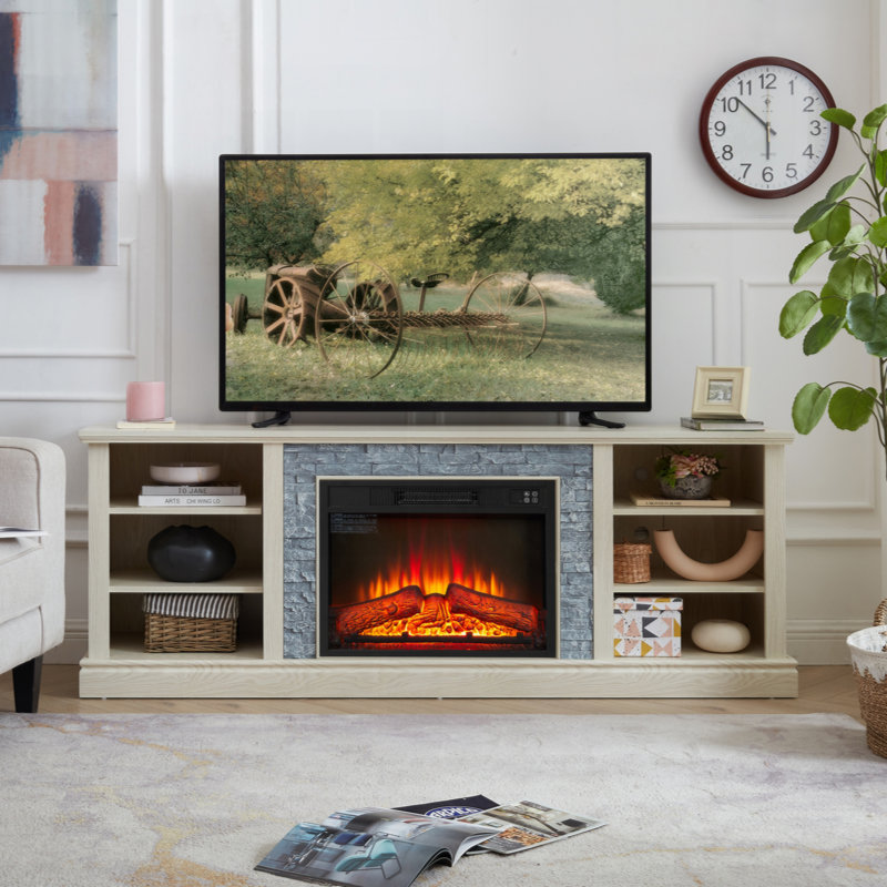 Grand support de rangement pour bureau télé en faux pierre, console média avec grand meuble de rangement, meuble télé moderne avec foyer de 23 po