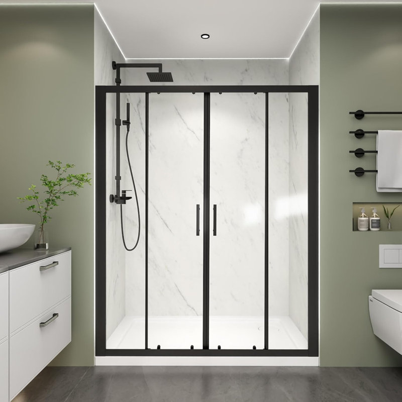 Porte de douche coulissante à double cadre l 60 po x H 72 po avec verre trempé clair de 1/4 po (6 mm) Comfystyle