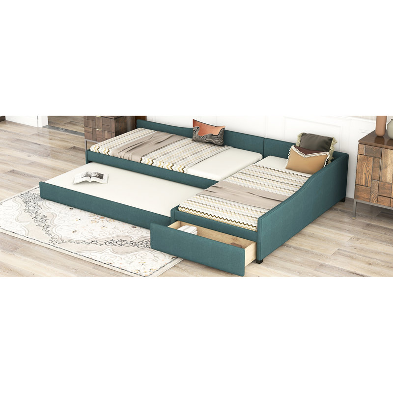 Upholstered Twin Size Daybed With Trundle And Drawer In - Versatile Bed For Various Rooms Storage Multipurpose Use Guest Home Offices