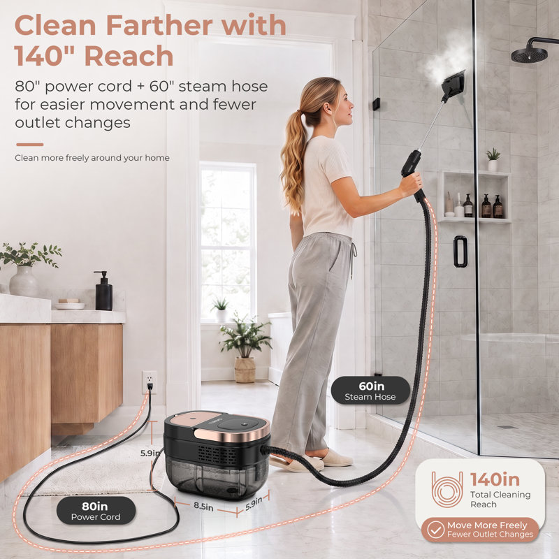 Nettoyeur vapeur avec réservoir de 1,6 litre, 8 accessoires et cordon d'alimentation de 2 mètres.