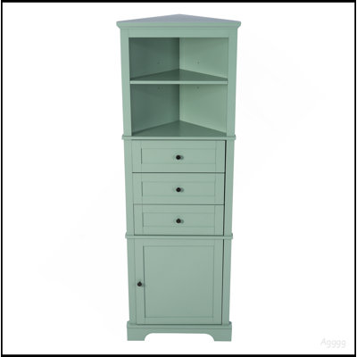 Grande armoire triangulaire verte avec 3 tiroirs et tablettes réglables pour la salle de bain, la cuisine ou le salon, panneau de fibres à densité moyenne avec finition peinte