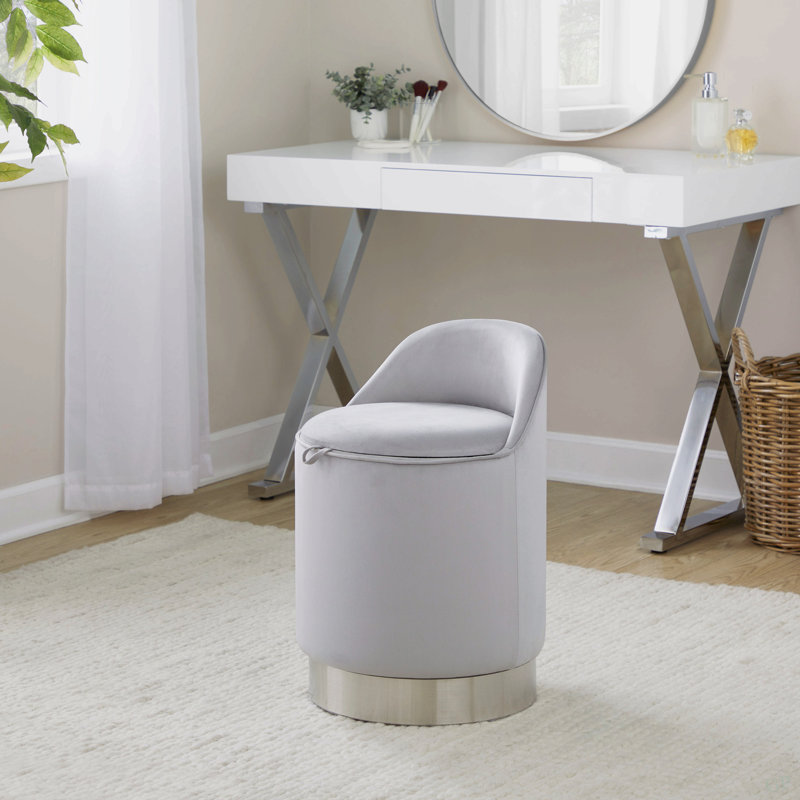 Tabouret de coiffeuse 18 po avec pivot en métal chromé et velours argenté, Gris, Chrome chrome