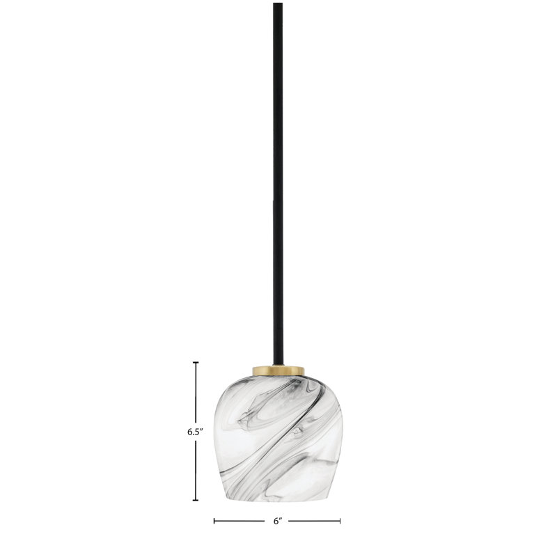 Mini-luminaire suspendu 1 lumière Amarmula, noir mat et laiton vieilli, verre tourbillon onyx 6 po, Noir / blanc