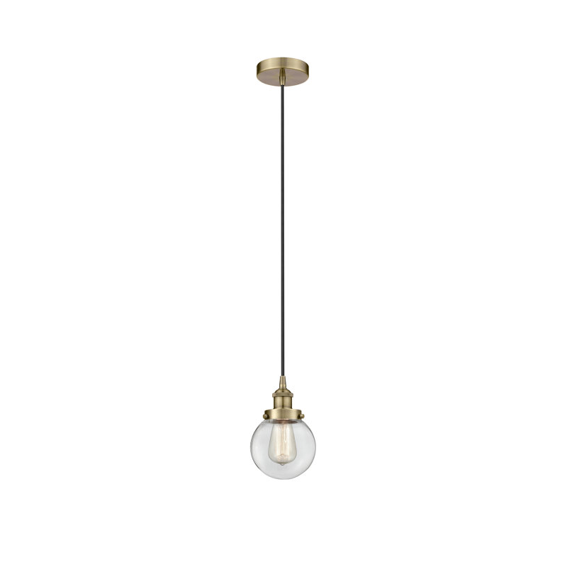 Luminaire suspendu simple à 1 lumière Frederick, H 9,5 po x l 6 po x P 6 po, Transparent, Laiton