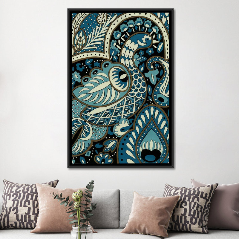 «Indigo Peacock I», impression sur toile, Toile avec cadre noir, H 26 po x l 18 po x P 1,5 po, Pas de tapis