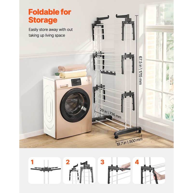 Séchoir à vêtements, séchoir à linge pliable à 4 niveaux, supports de séchage en métal avec 24 tiges de séchage, support autoportant et portable avec 4 roulettes et deux ailes latérales pour une utilisation intérieure et extérieure