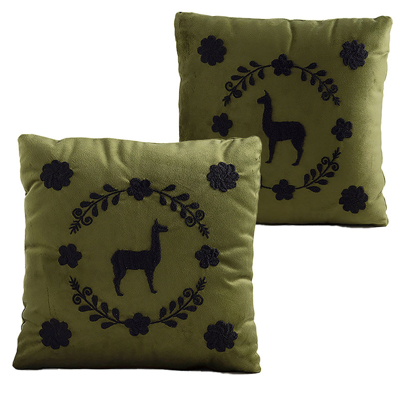Llama Hand Embroidered Decorative Throw Pillows by Andean, In Stock, Green/Black