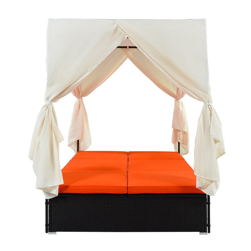 Outdoor Patio Wicker Sunbed Daybed with Cushions, Adjustable Seats, Orange