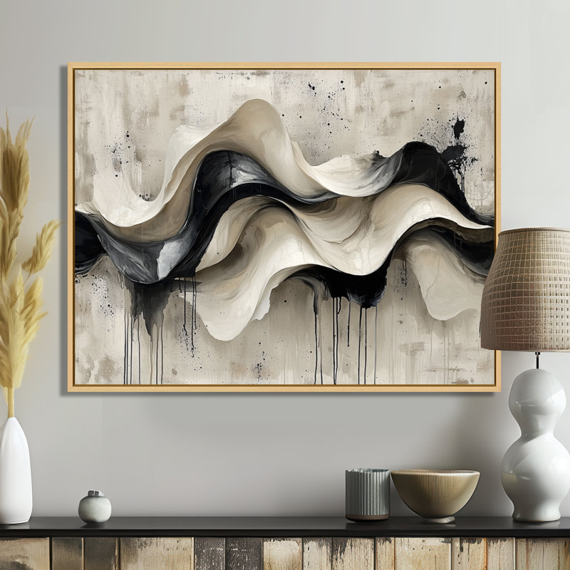 Art mural mural "Vagues modernes abstraites", H 16 po x l 32 po, Cadre flottant, Blanc