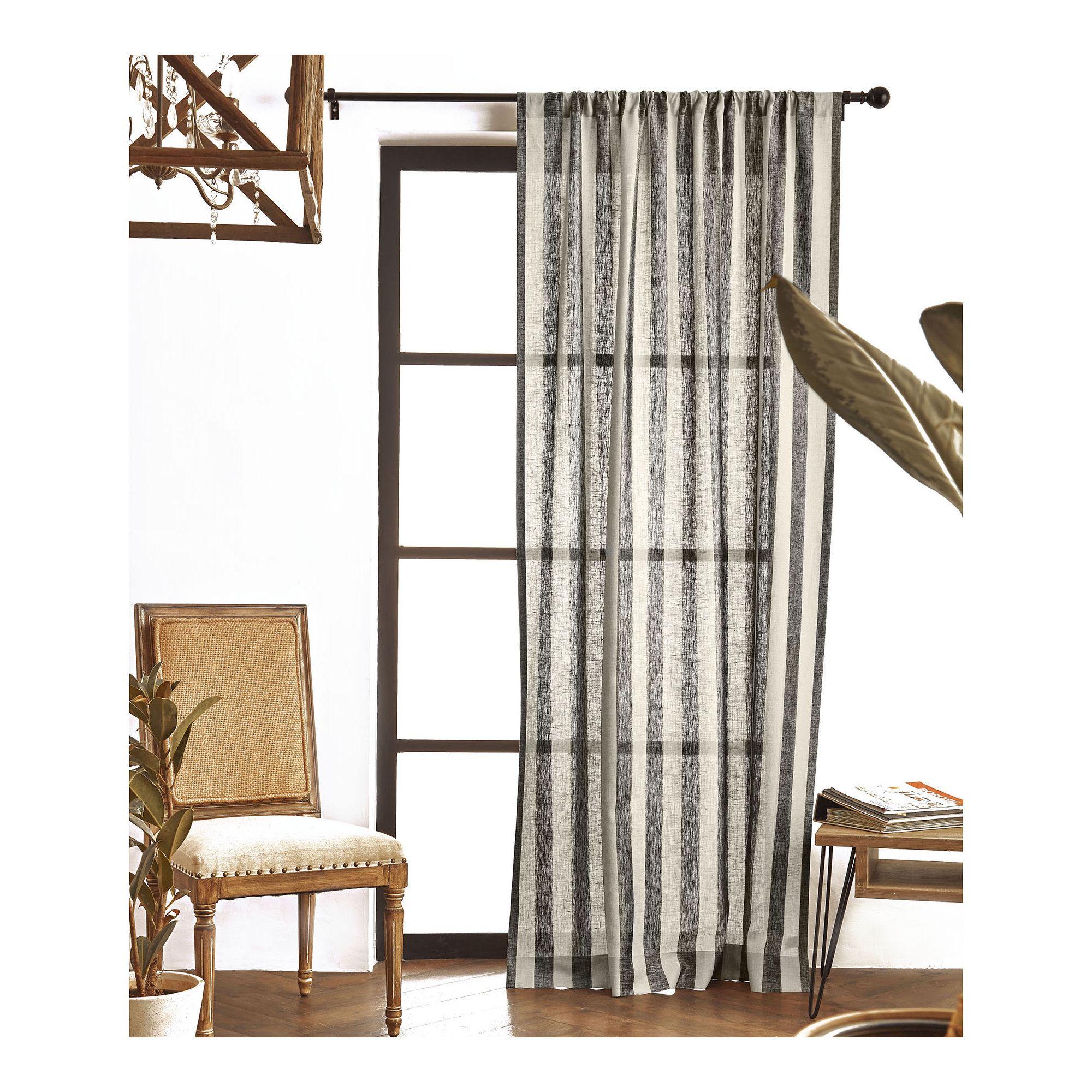  Stripe - 100% Pure Linen Curtain, 52" W x 120" L, Black and Natural