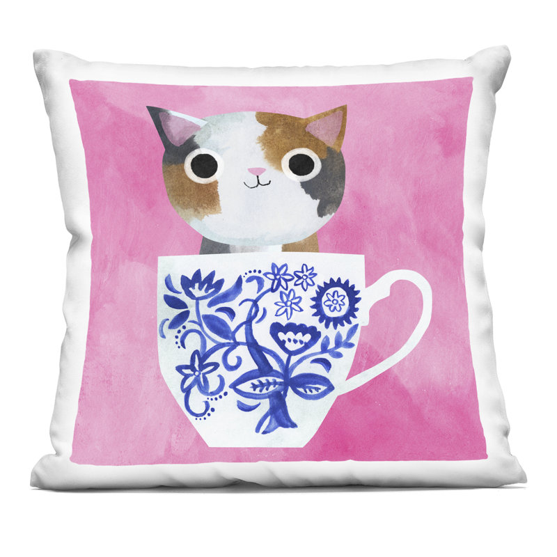 Coussin Whimsical Teacup Kitten, Rose