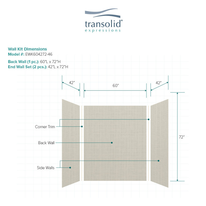 Expressions 48" W x 36" D 3 Panel Shower Wall, Cameo, 72" H x 60" W x 42" D
