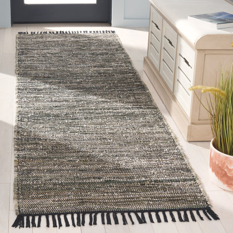 Dinvers Hand Woven Denim/Cotton Rug in Dark Green/Black/Brown, Runner 2'3" x 8'