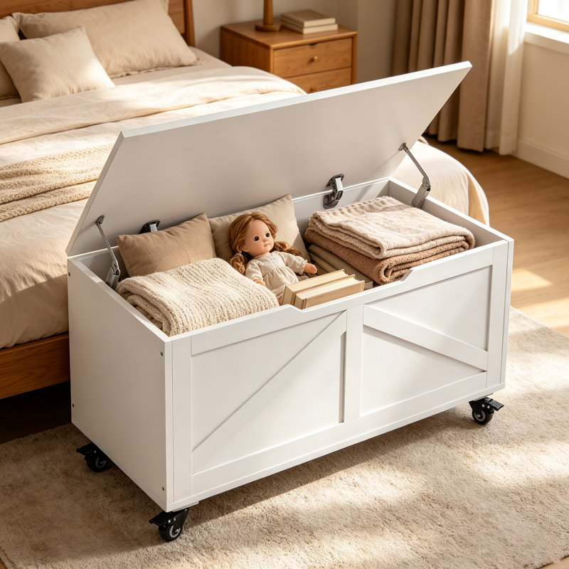 Banc de rangement surdimensionné de 39,4 pouces avec 4 roulettes et charnières de sécurité, tabouret de rangement robuste pour chaussures en bois pour le hall d'entrée de la chambre à coucher, rangement facile à assembler