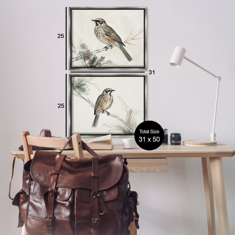 Ensemble de 2 toiles flottantes encadrées avec oiseaux perchés, illustrations par LSR Creative Studio, H 25 po x l 31 po
