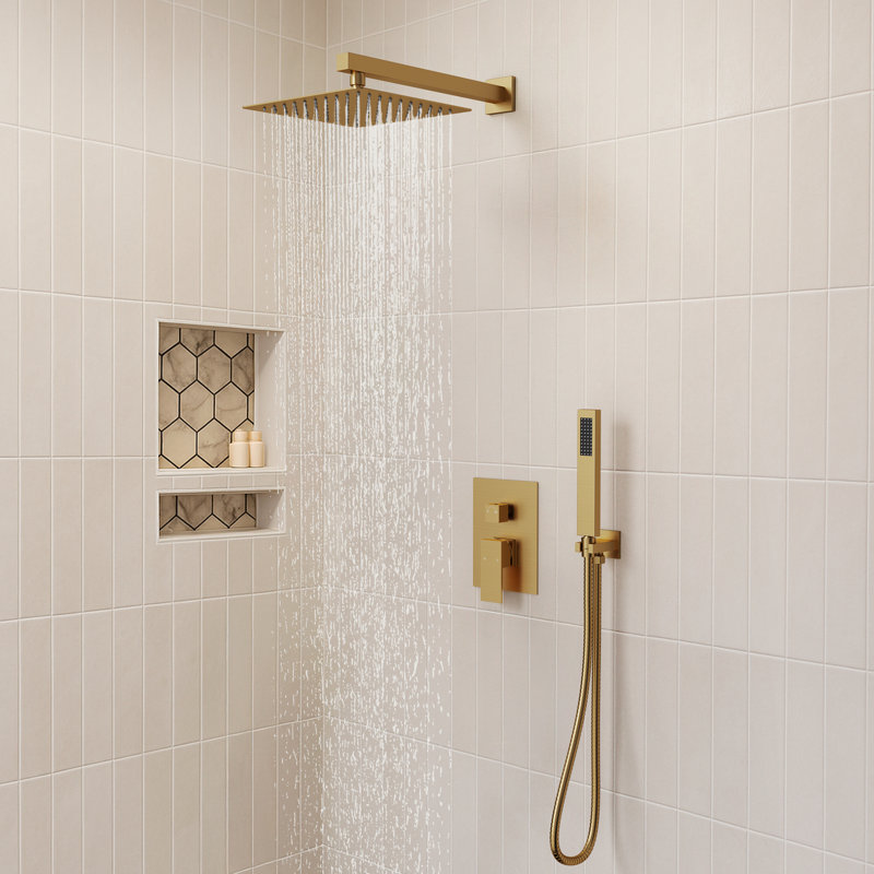  Système de douche à pluie haute pression 10 po, robinet de douche mural avec douchette, Or brossé, 2.0
