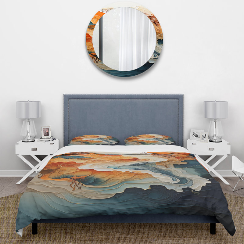 Ensemble de housse de couette Abstract Orange and Blue River Ink I - Abstract Marble