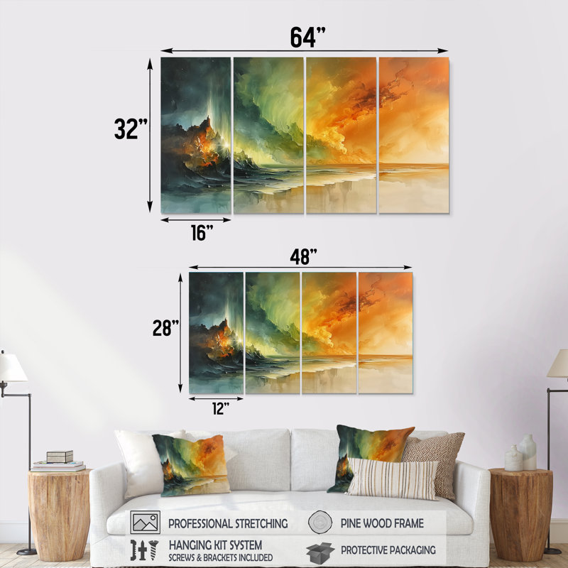 «Green and Orange Tachisme Landscape III - Tachisme», ensemble d'art sur toile, H 28 po x l 48 po