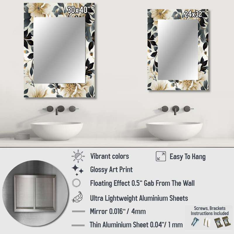 Kealia Timeless Beige Peony  Sophistication - Floral Mirror, Cottage Decorative Wall Mirror, Printed Metal Art, 32" x 24"
