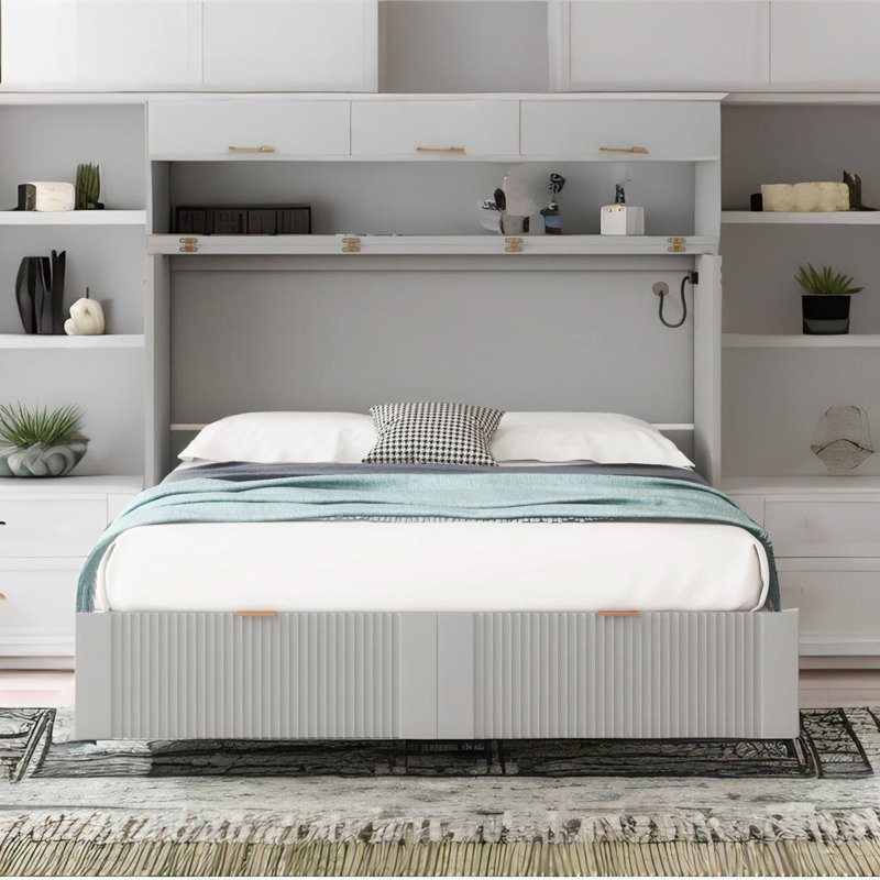 Lit escamotable double pleine grandeur, blanc, Double, gris