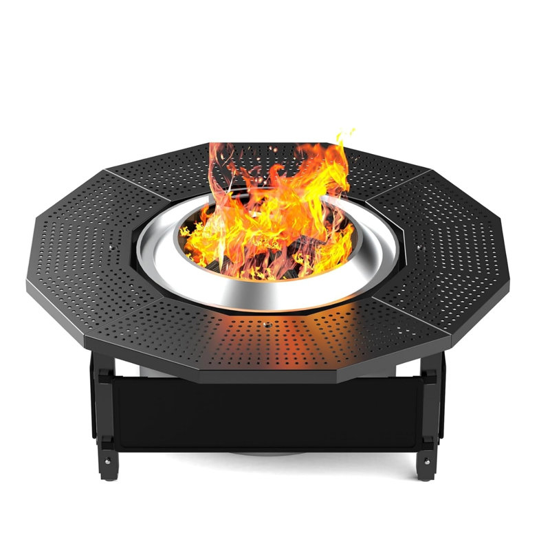 Adjustable Fire Pit Surround Table With Black Metal Frame And Uv Resistant Fabric, Outdoor Tabletop