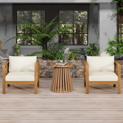 Ensemble de conversation pour patio, siège de loisirs en bois pour l'extérieur (ensemble de 2), fauteuil avec coussins, table d'appoint de patio en bois d'acacia, pour cour, pelouse, balcon, coussin