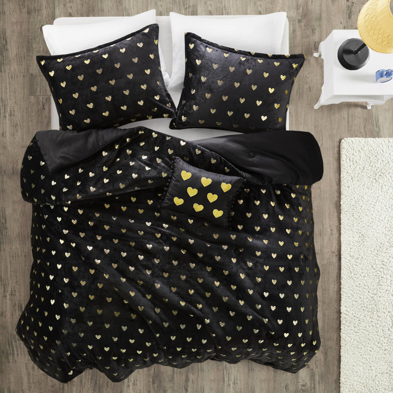 Édredon pour lit simple / simple TG avec 2 taies décoratives et coussin décoratif, noir / or, rembourrage, - 1 taie décorative imprimée, rembourrée, lavable à la machine