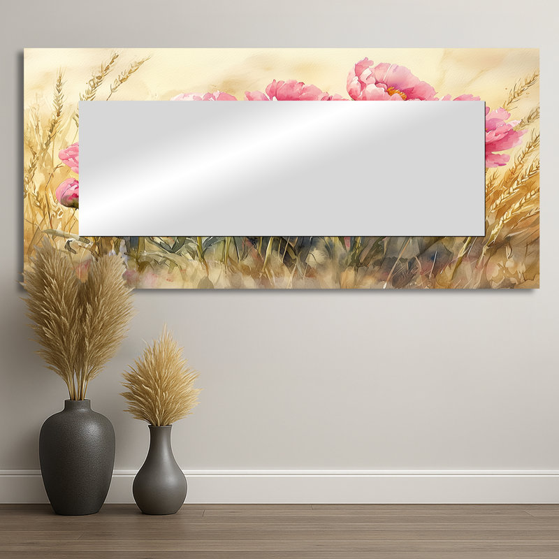 Peonies In The Wheatgrass Field I - Floral Accent Wall Mirror - Printed On Metal, 28" x 60"